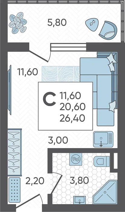 Квартира Студия №70, 26.4 м² на 12 этаже, Корпуса 4, ЖК Горный Квартал Сочи