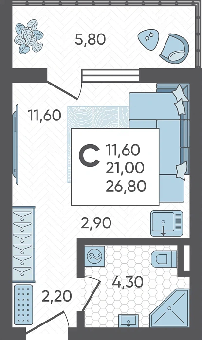 Квартира студия 26.8 м² м² в Корпусе 4, ЖК Горный квартал Сочи