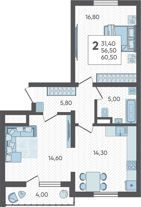 Квартира 2-комнатная 60.5 м² м² в Корпусе 4, ЖК Горный квартал Сочи